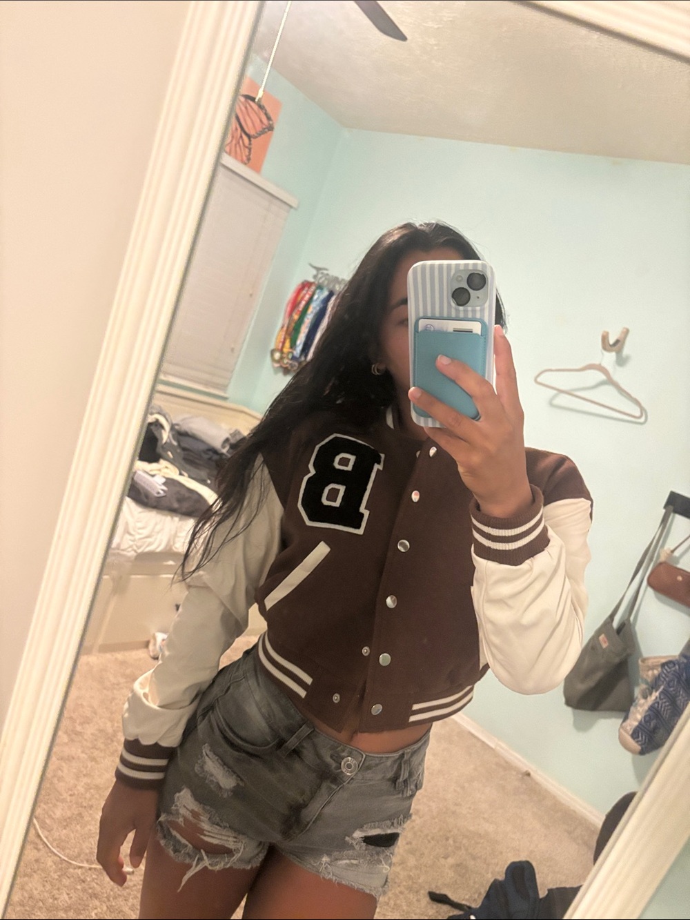 Love Tree Brown and Cream Cropped Varsity Jacket
